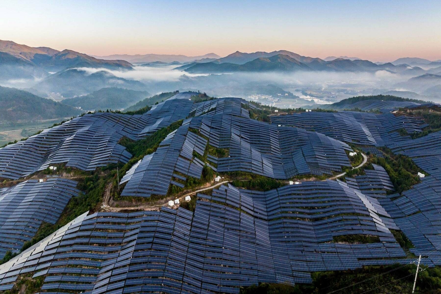 Auto-generated description: Rows of solar panels blanket rolling hills under a clear sky, with misty mountains in the background.