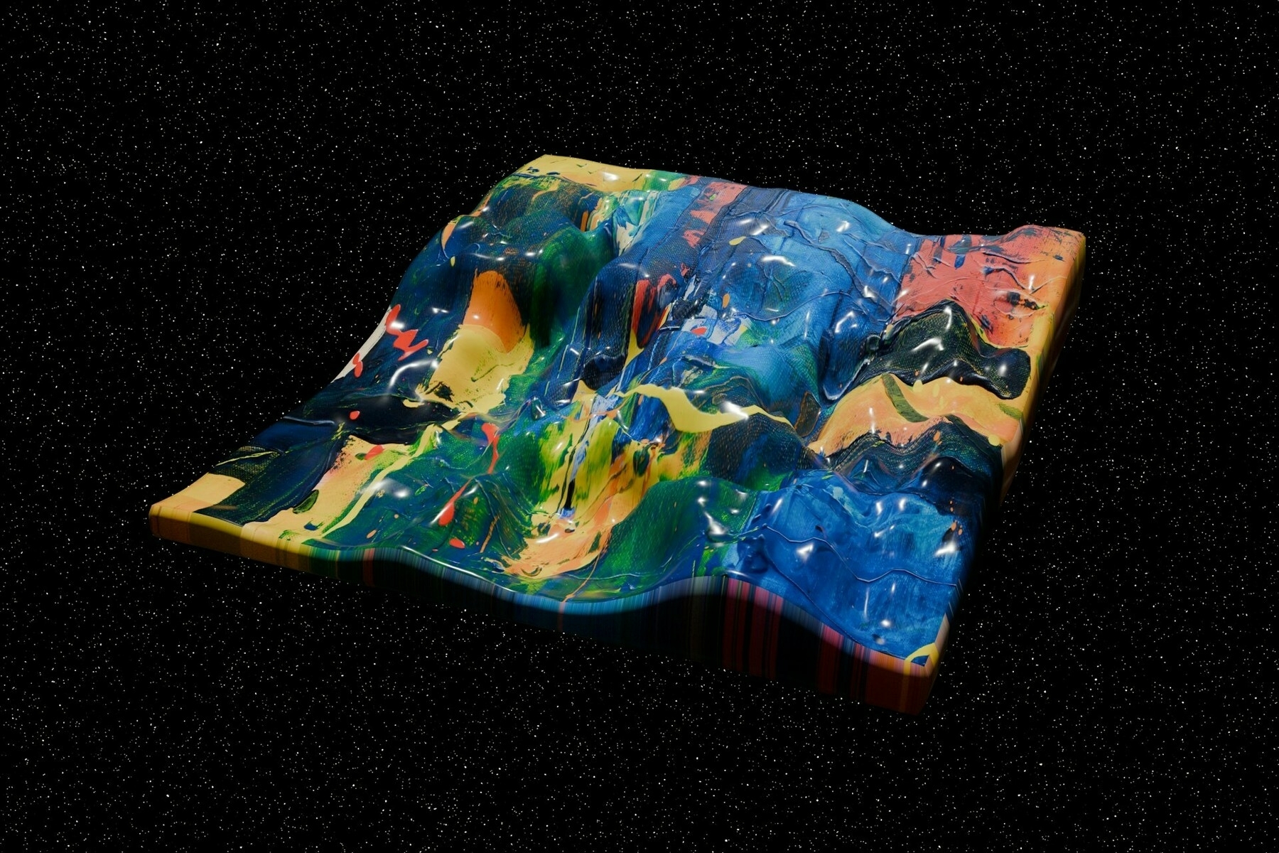 Auto-generated description: A colorful, abstract 3D terrain with fluid-like textures is set against a starry black background.