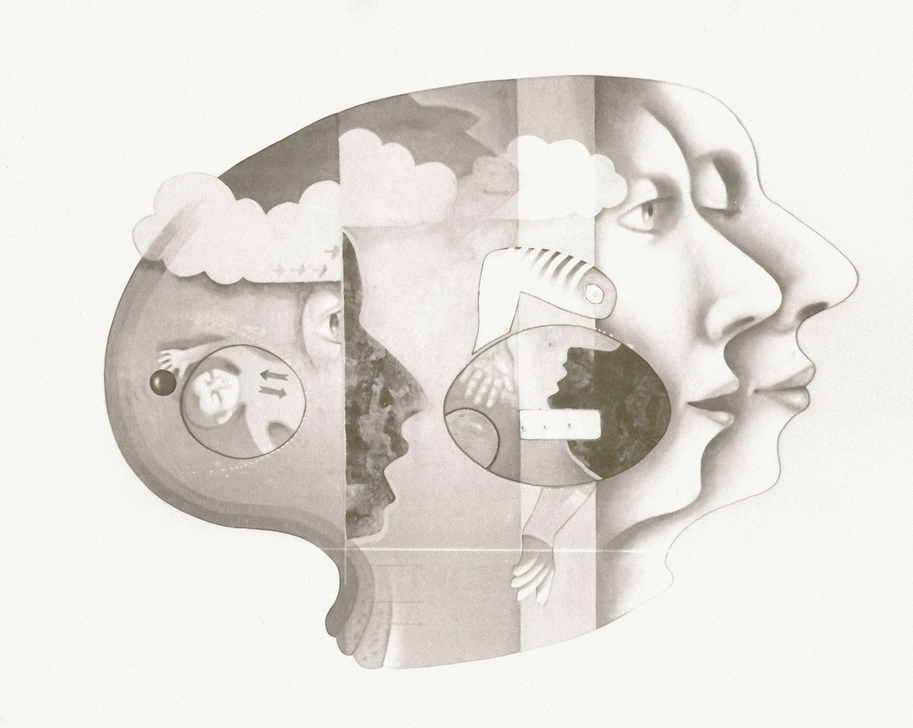 Auto-generated description: A surreal illustration features overlapping profiles of faces in a monochromatic color scheme, incorporating abstract and dreamlike elements.