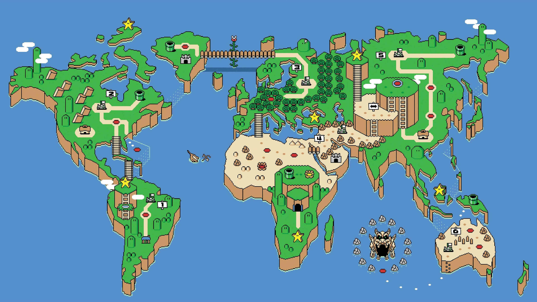 Auto-generated description: A world map is depicted in the style of a Super Mario game, featuring iconic game elements and terrain representing different continents.
