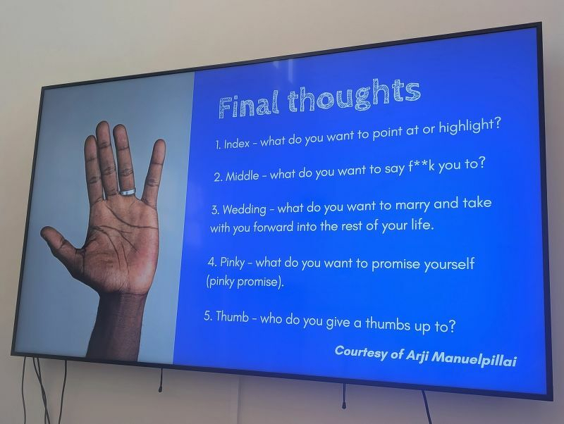 Auto-generated description: A television screen displays an image of a hand with text beside it listing reflective questions related to each finger, credited to Arji Manuelpillai.