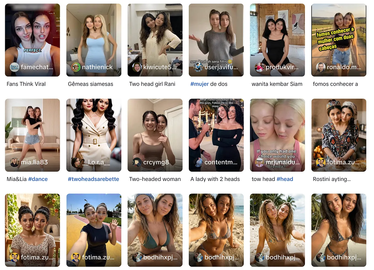 A wall of TikTok videos, all showing two-headed girls
