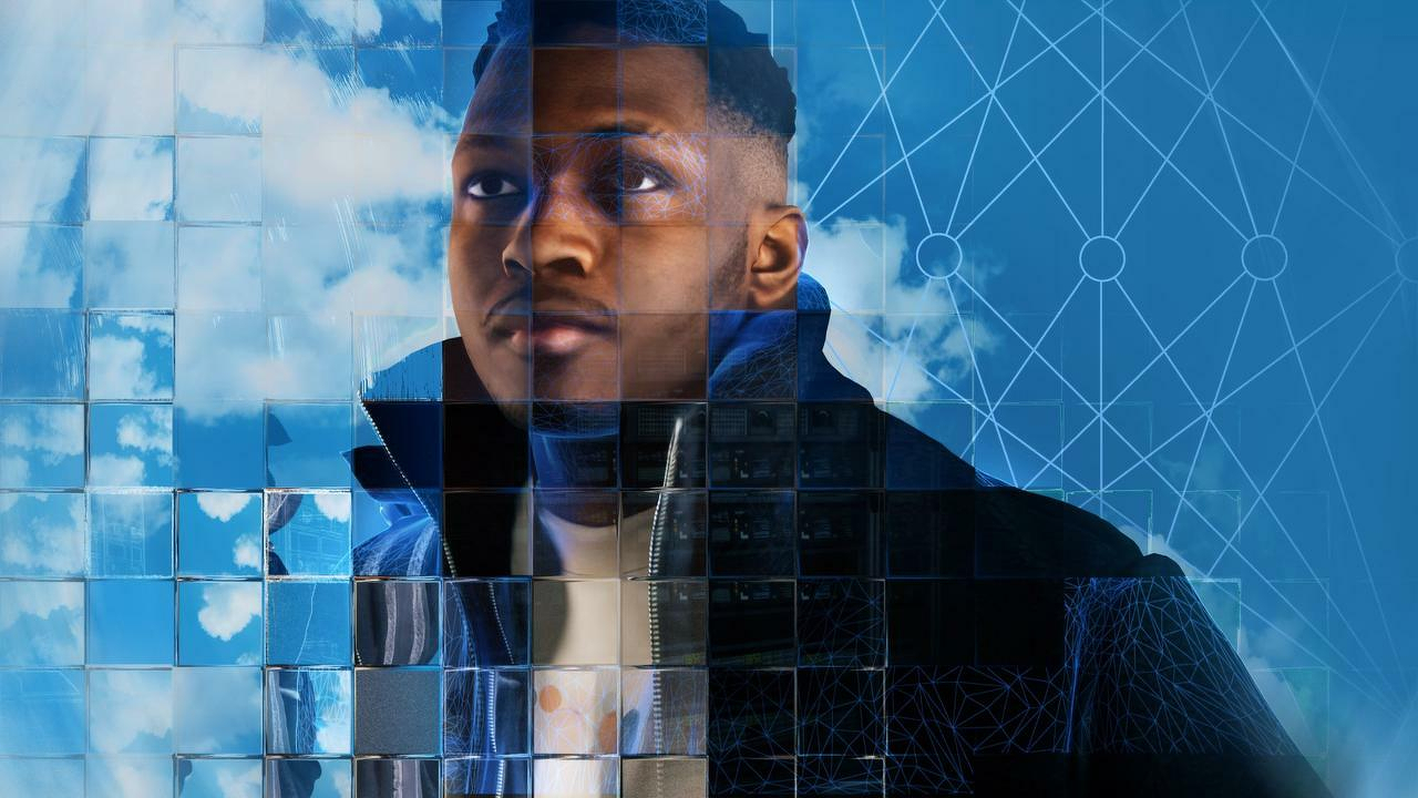 Auto-generated description: A man in a layered digital art composition combines real and abstract elements, with a background of blue sky and geometric patterns.