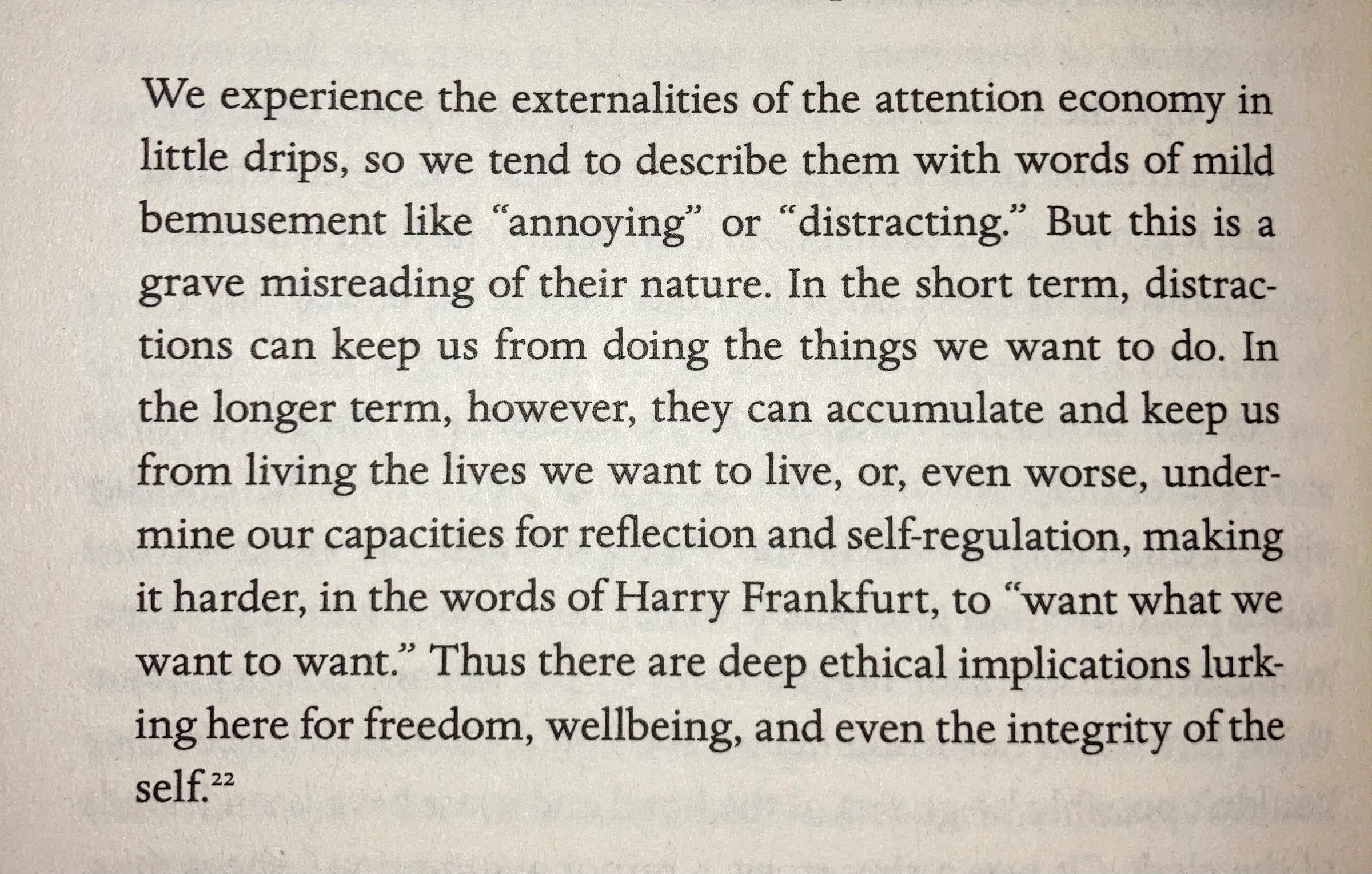 Auto-generated description: A passage discusses the effects of distractions and the attention economy on self-regulation and ethical implications.