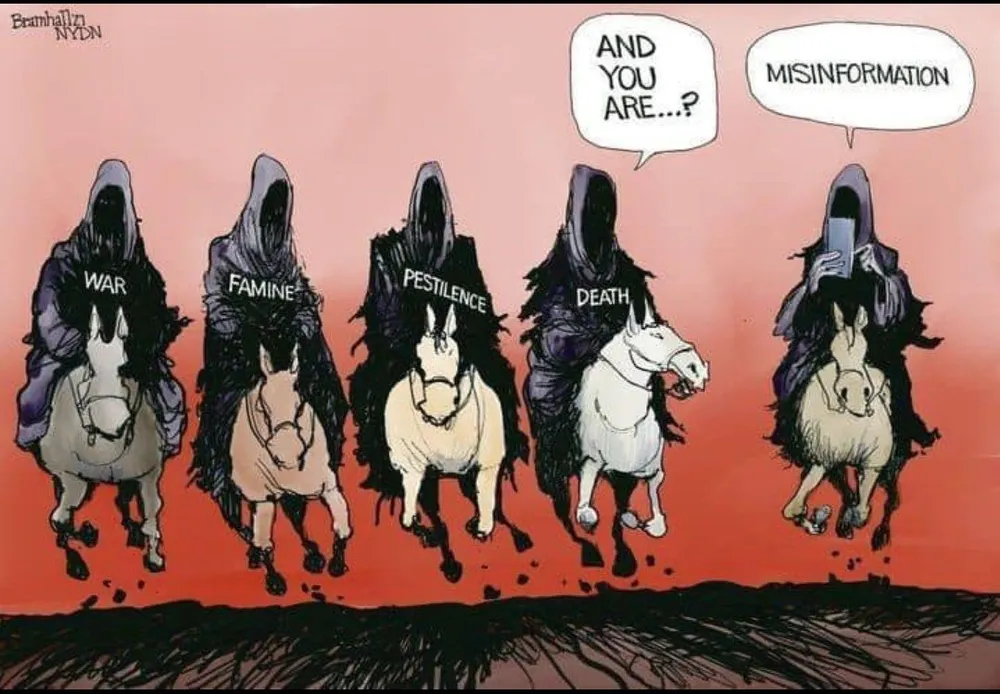 Auto-generated description: Five horsemen, labeled War, Famine, Pestilence, Death, and Misinformation, ride side by side in a satirical depiction.