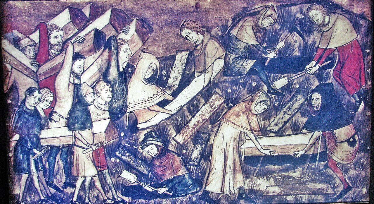 Exhibit depicting a miniature from a 14th century Belgium manuscript at the Diaspora Museum, Tel Aviv - en:Beit Hatefutsot. The museum note says 'The citizens of Toumai bury their dead during the black death. Miniature from manuscript, Belgium, 14th century'.
