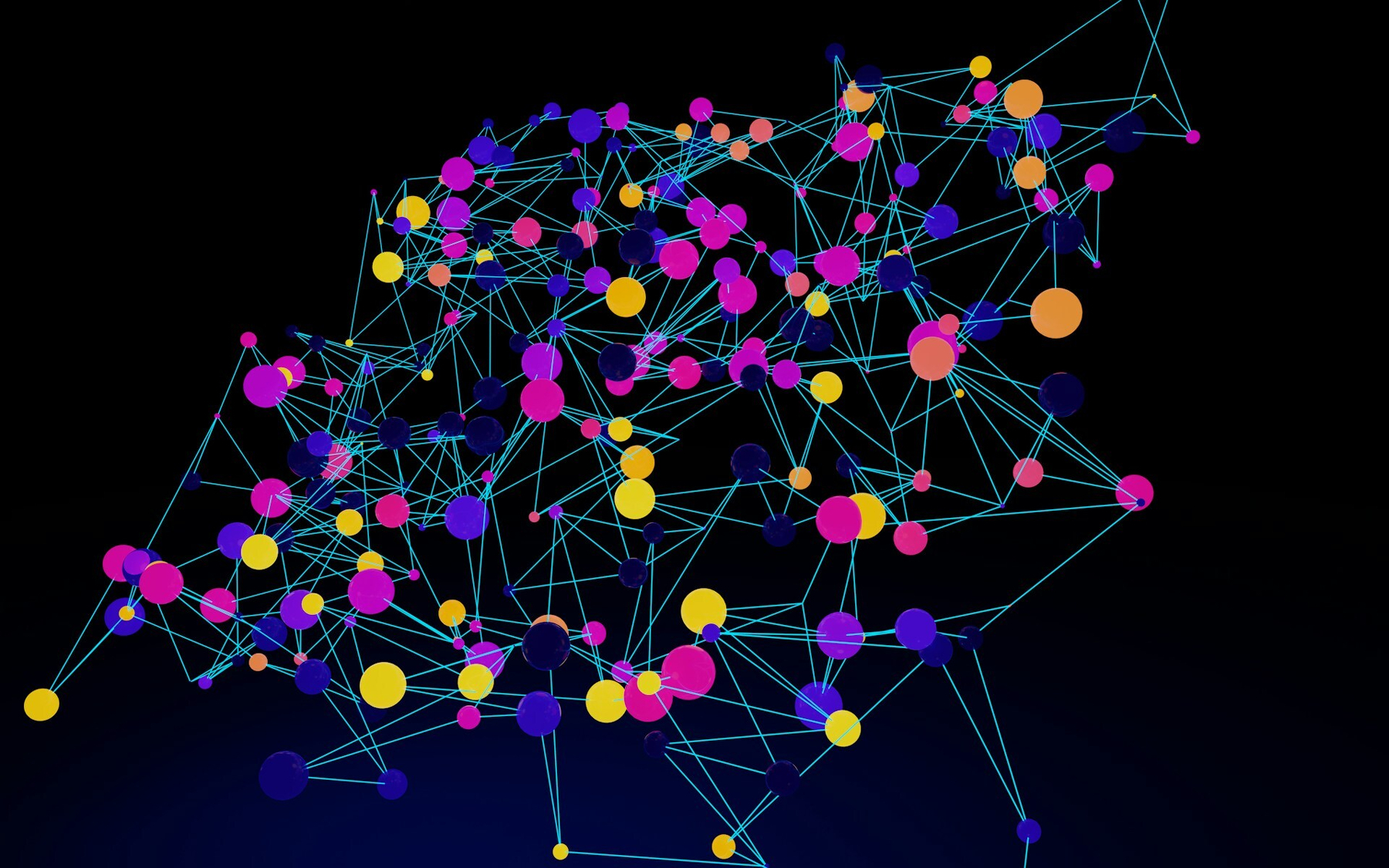 Auto-generated description: A vibrant network of interconnected nodes of various colors, including pink, yellow, and blue, is displayed against a dark background.