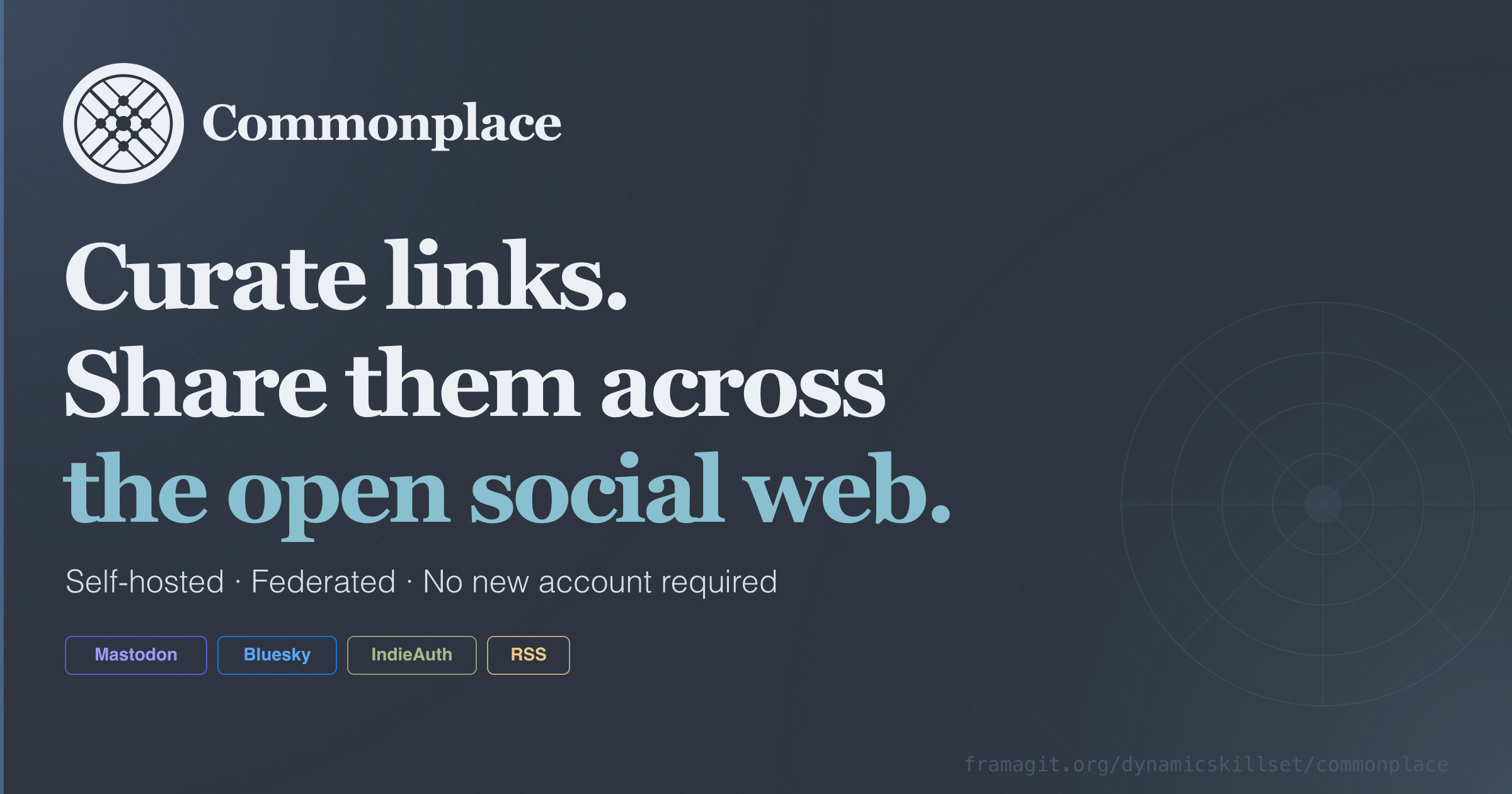 Auto-generated description: Commonplace is described as a platform for curating and sharing links across the open social web, with options like Mastodon and RSS, and no account required.