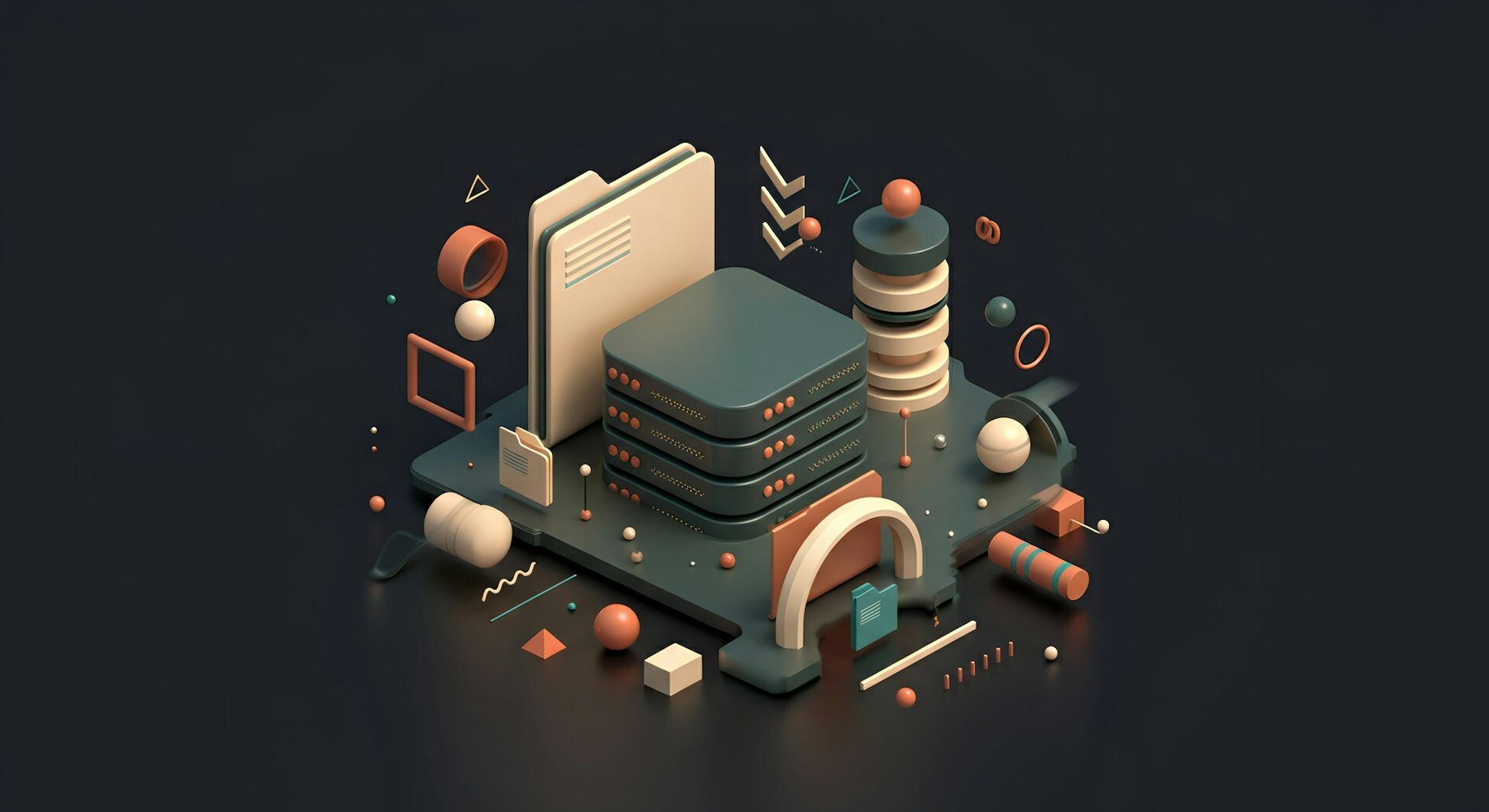 Auto-generated description: A digital artwork showcases a whimsical arrangement of geometric shapes and structures resembling files and data stores.
