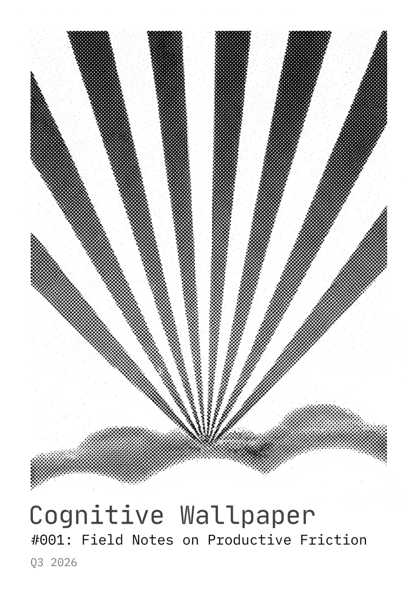 Auto-generated description: A geometric pattern resembling sun rays with text Cognitive Wallpaper #001: Field Notes on Productive Friction and Q3 2026 at the bottom.