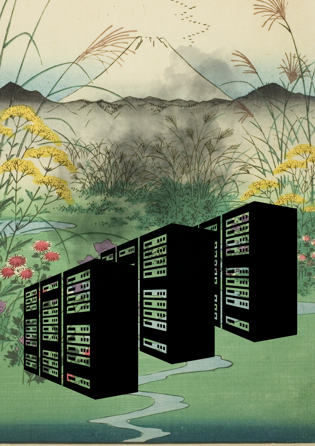 This image is a collage with a colourful Japanese vintage landscape showing a mountain, hills, flowers and other plants and a small stream. There are 3 large black data servers placed in the bottom half of the image, with a cloud of black smoke emitting from them, partly obscuring the scenery.