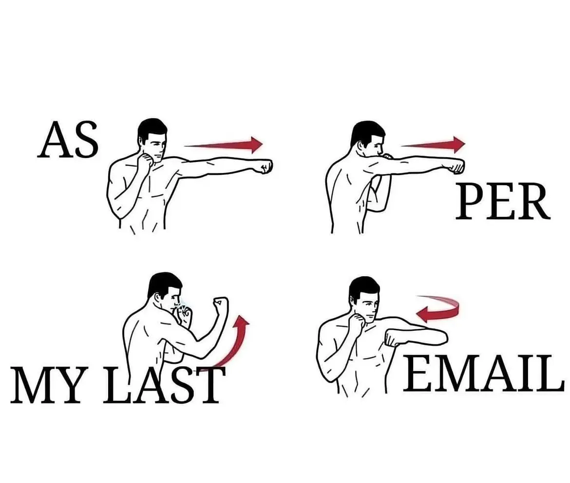 The words 'As per my last email' around diagrams of a man performing a series of boxing moves