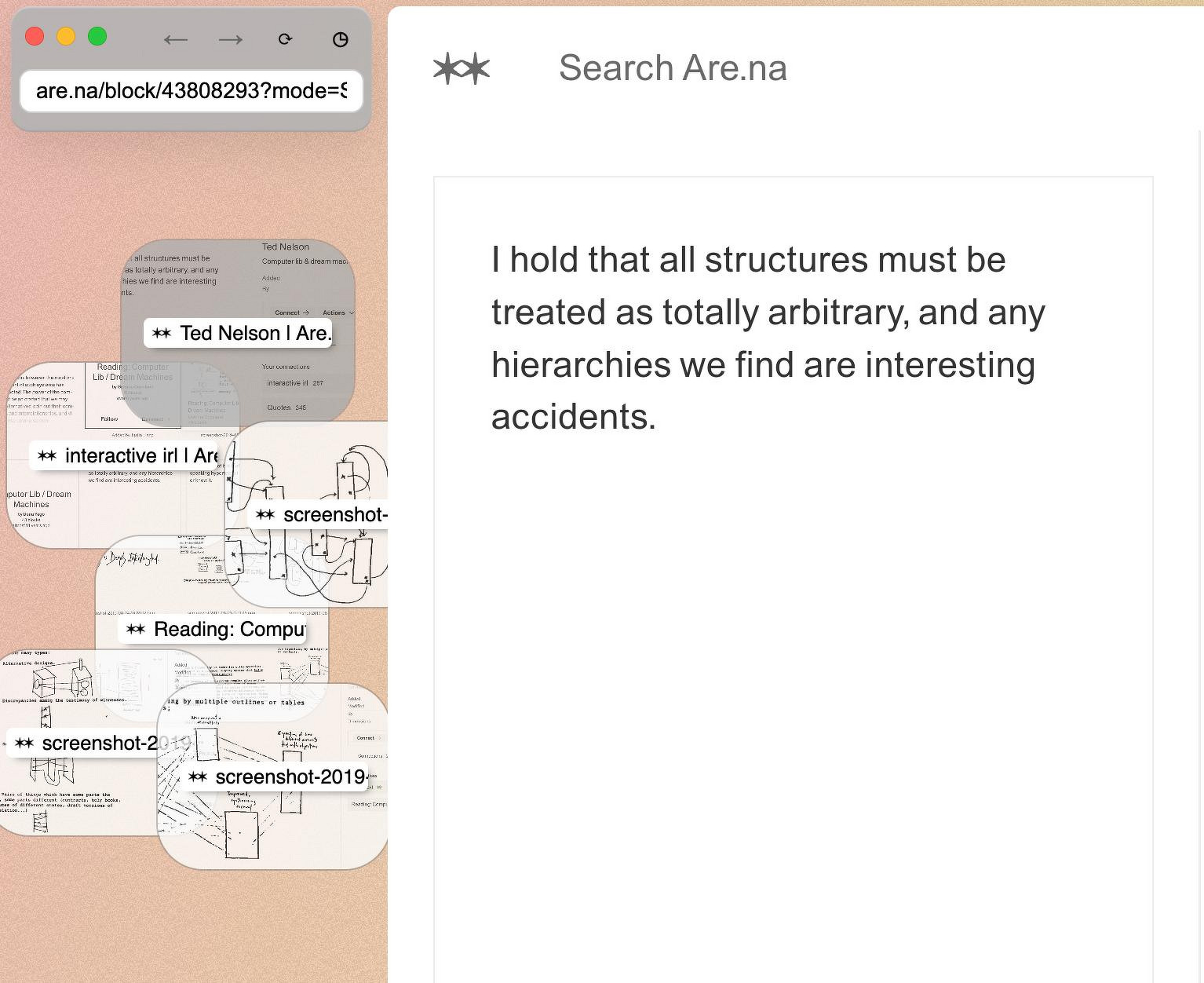 A digital browser window displays text about the arbitrary nature of structures and hierarchies, alongside various overlapping document previews on the left.