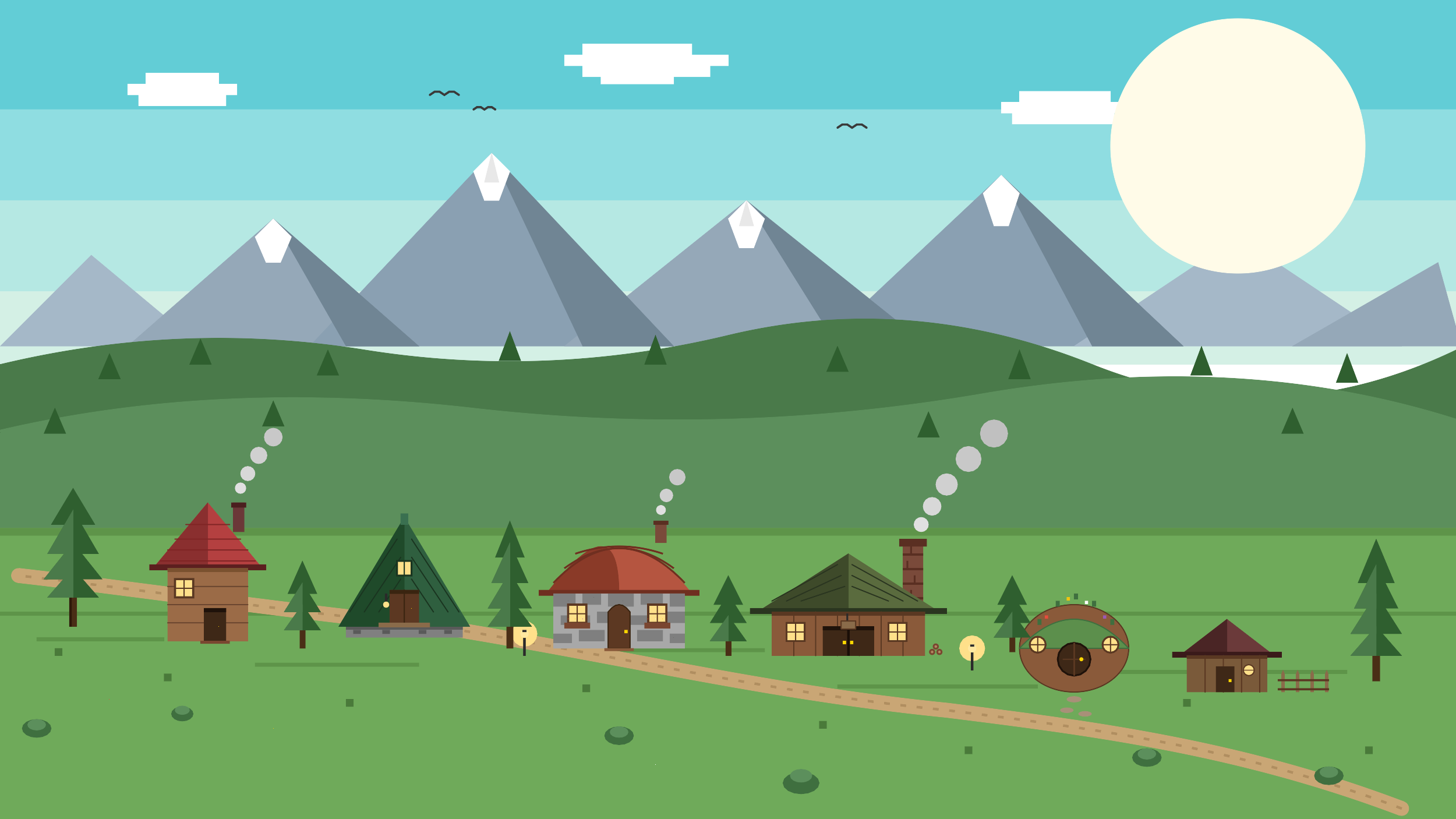 Auto-generated description: A serene landscape depicts small houses with smoking chimneys, a path, rolling green hills, and snow-capped mountains under a bright sun.