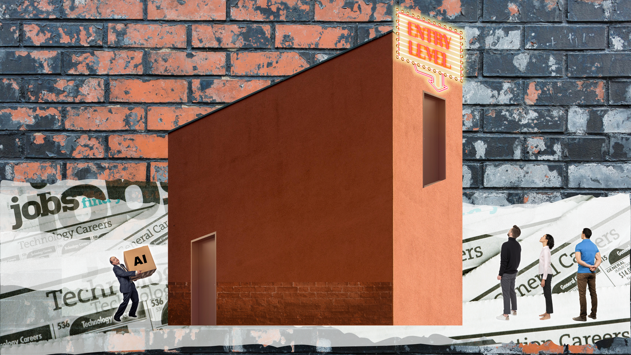 Auto-generated description: A group of people stands outside a large, narrow building with a sign labeled Entry Level, while a man carries an AI box on the side.