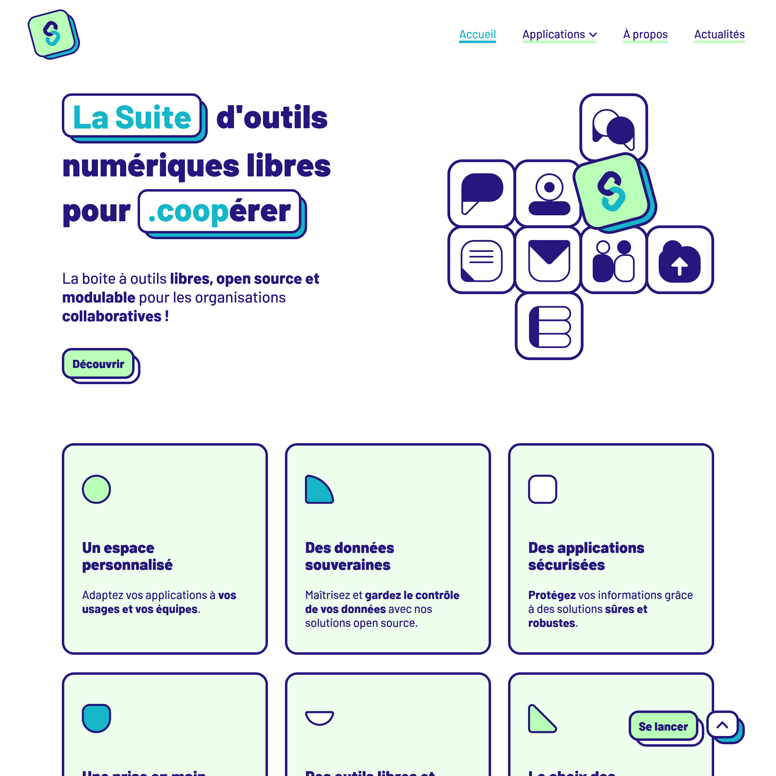 Auto-generated description: A colorful webpage features text promoting La Suite, a collection of free tools for organizations, with icons and sections for personalized space, sovereign data, and secure applications.