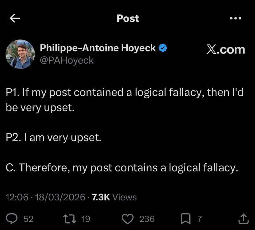 Auto-generated description: A social media post presents a humorous logical fallacy using a conditional statement, expressing that being upset implies a logical fallacy in the original post.