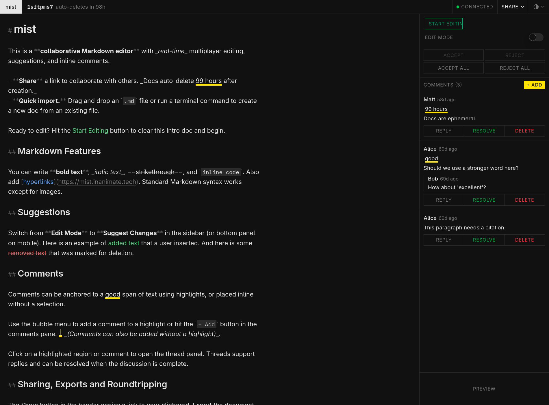 Auto-generated description: A dark-themed user interface displays a collaborative Markdown editor with sections for Markdown features, suggestions, and comments, alongside a task list and chat menu.