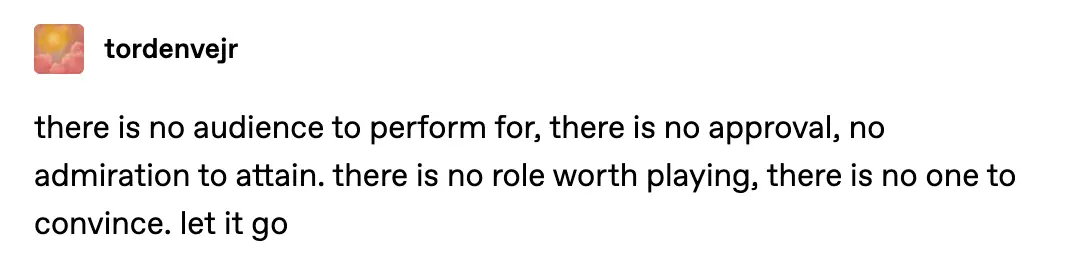 Auto-generated description: A contemplative message encourages letting go by highlighting the absence of an audience, approval, or roles to play.