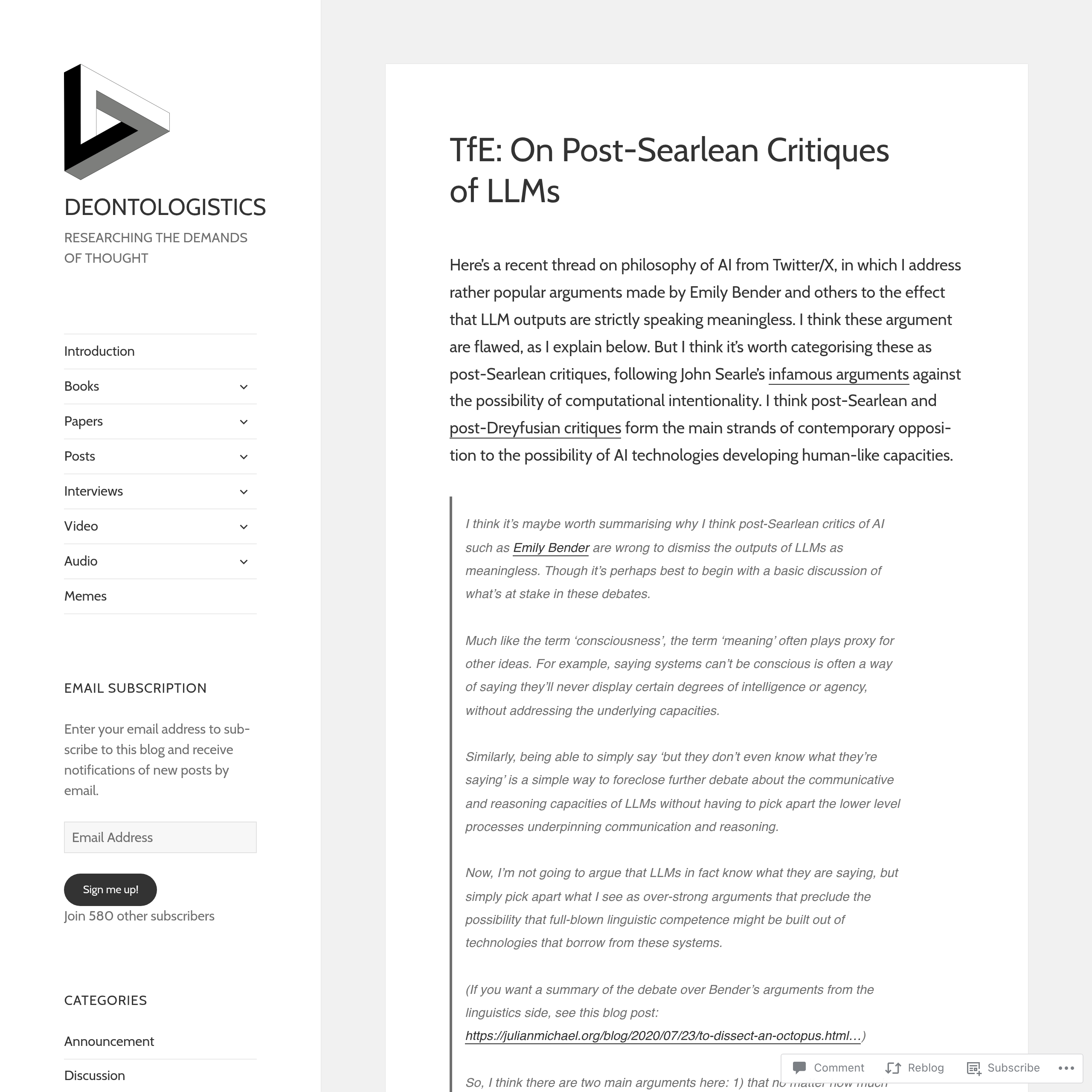 Auto-generated description: A webpage titled TfE: On Post-Searlean Critiques of LLMs from Deontologistics features an article discussing criticisms of large language models, with a sidebar containing categories like Books, Papers, and Talks.