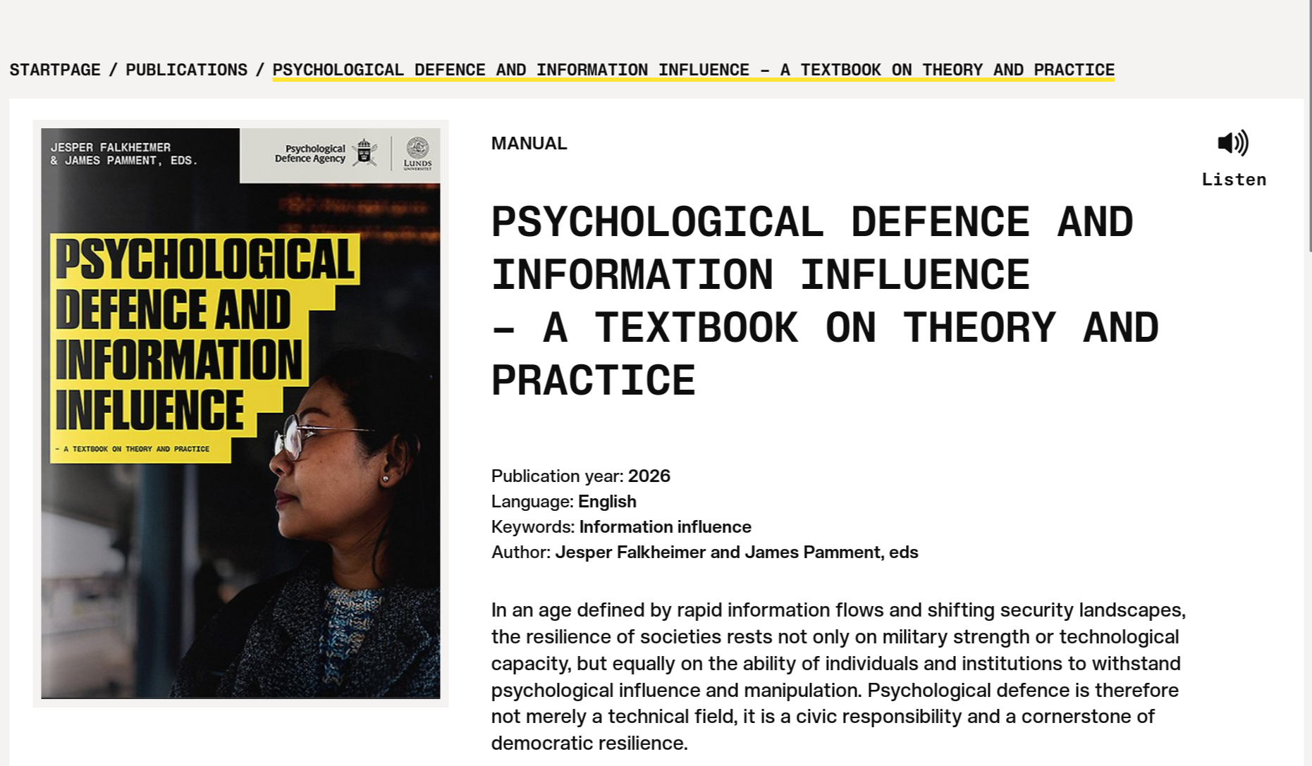 Auto-generated description: A textbook titled Psychological Defence and Information Influence – A Textbook on Theory and Practice is shown, alongside details about its publication and a brief description of its focus on security and psychological defense.