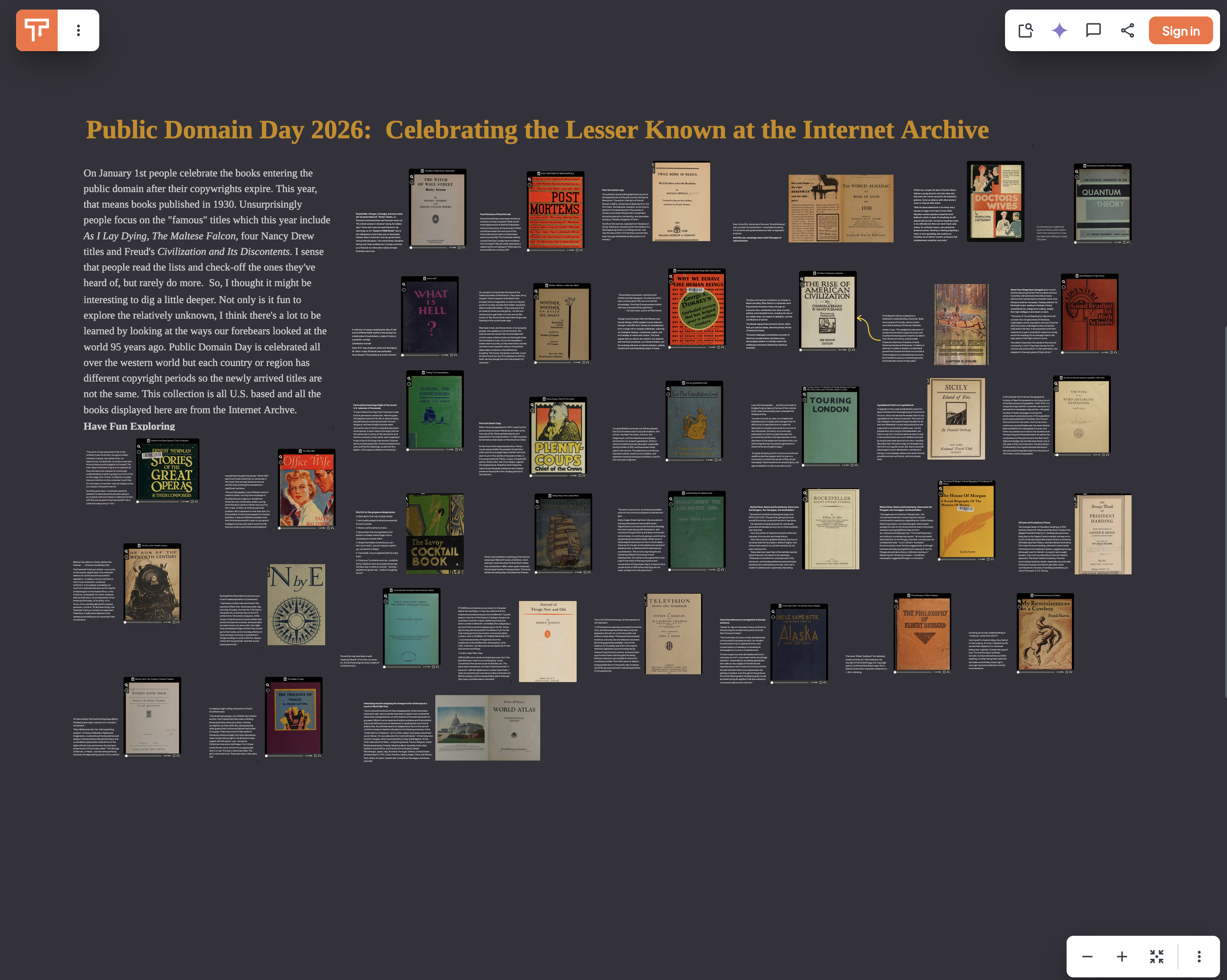 Auto-generated description: A collection of book covers is displayed, celebrating lesser-known works entering the public domain in 2026 according to the Internet Archive.