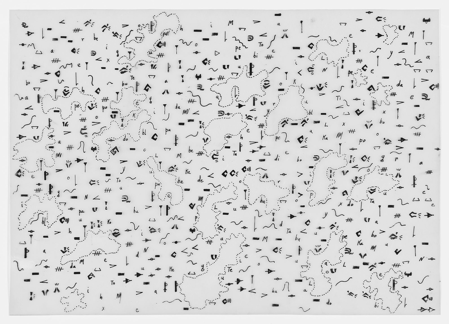 Auto-generated description: A complex pattern of abstract, black symbols and shapes is scattered across a white background.