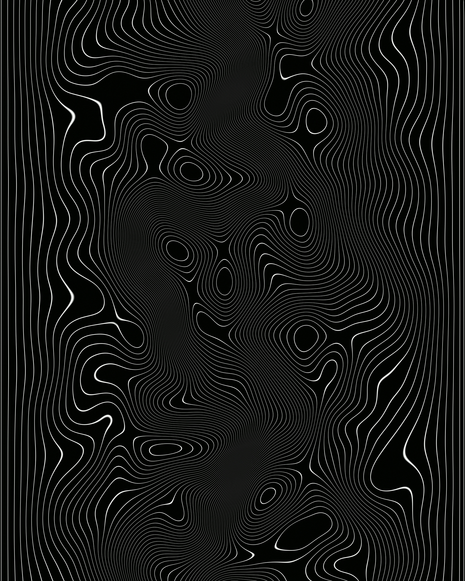 Auto-generated description: A series of intricate, wavy white lines on a black background creates an abstract, topographic-like pattern.