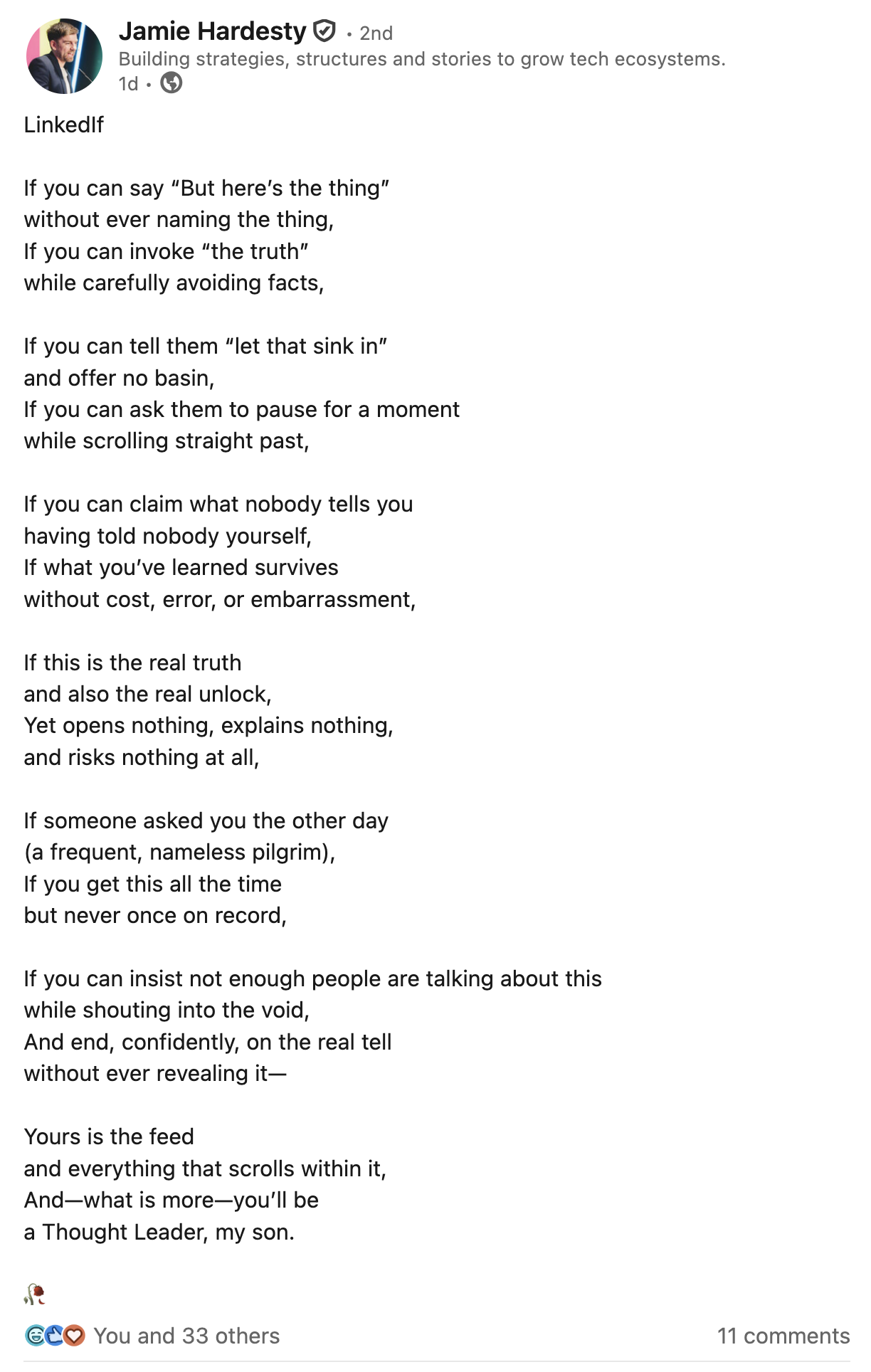 Auto-generated description: A LinkedIn post by Jamie Hardesty discusses the implications of invoking the truth without naming the thing and avoiding facts.