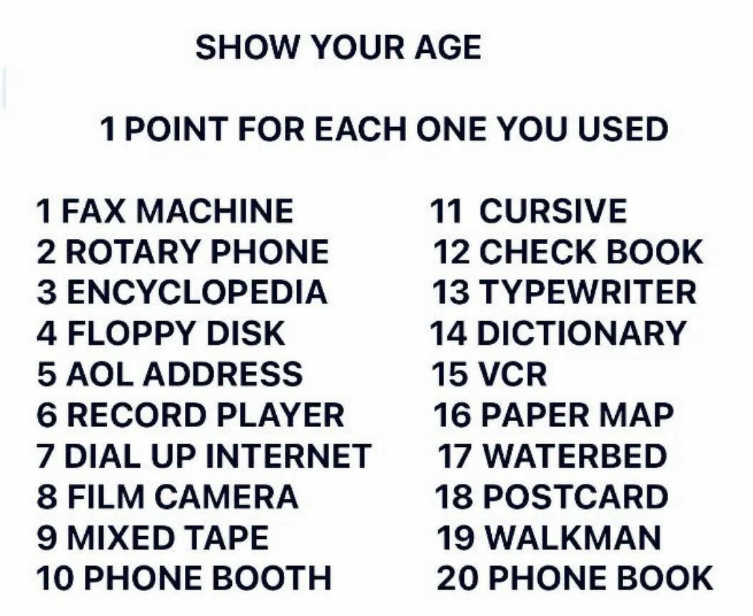 Auto-generated description: A list of 20 nostalgic items, such as the fax machine, rotary phone, and floppy disk, is used to gauge one's age based on familiarity with each item.