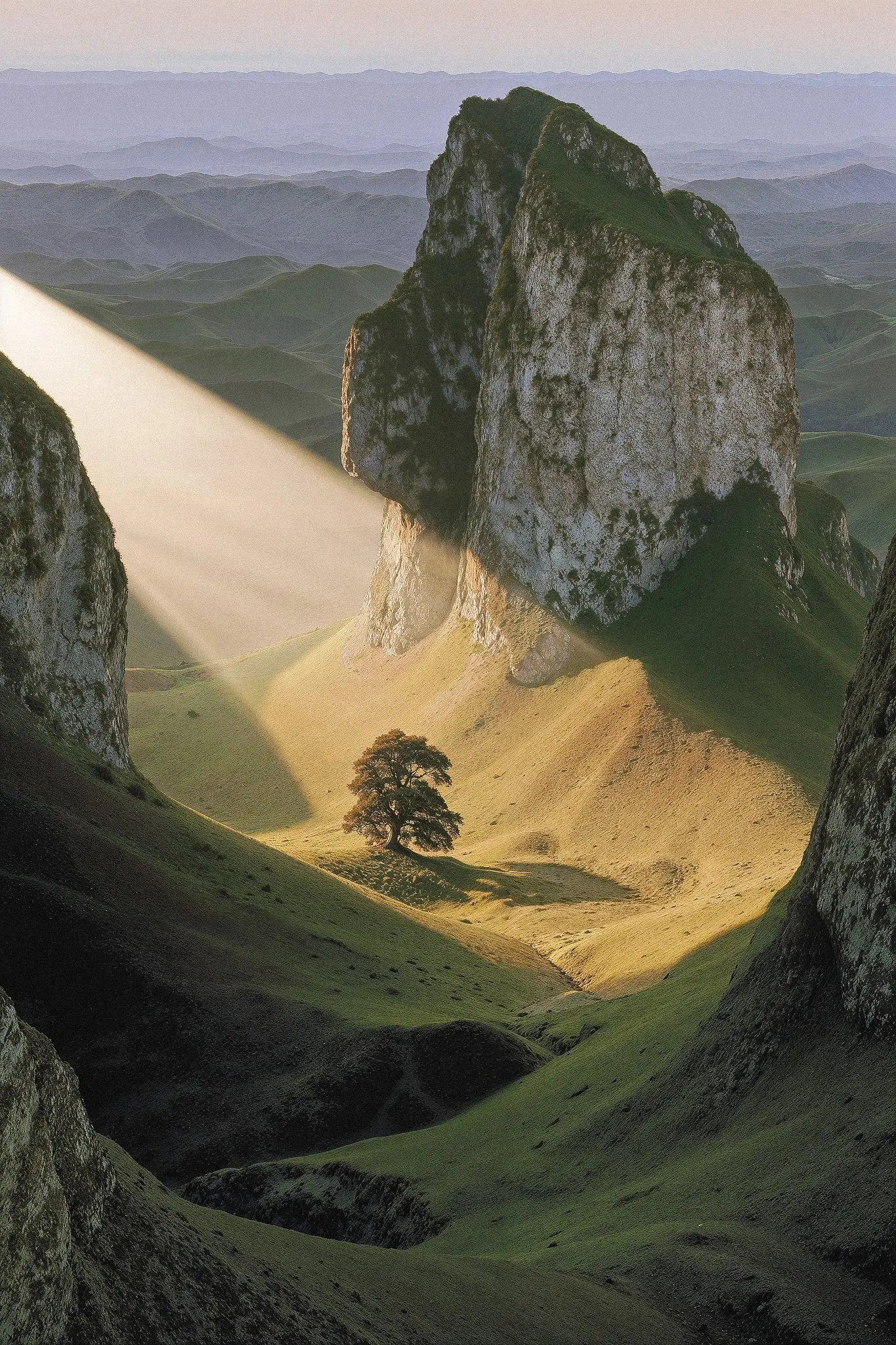 Auto-generated description: A solitary tree stands in a sunlit valley framed by large, rugged rock formations with a beam of light illuminating the scene.