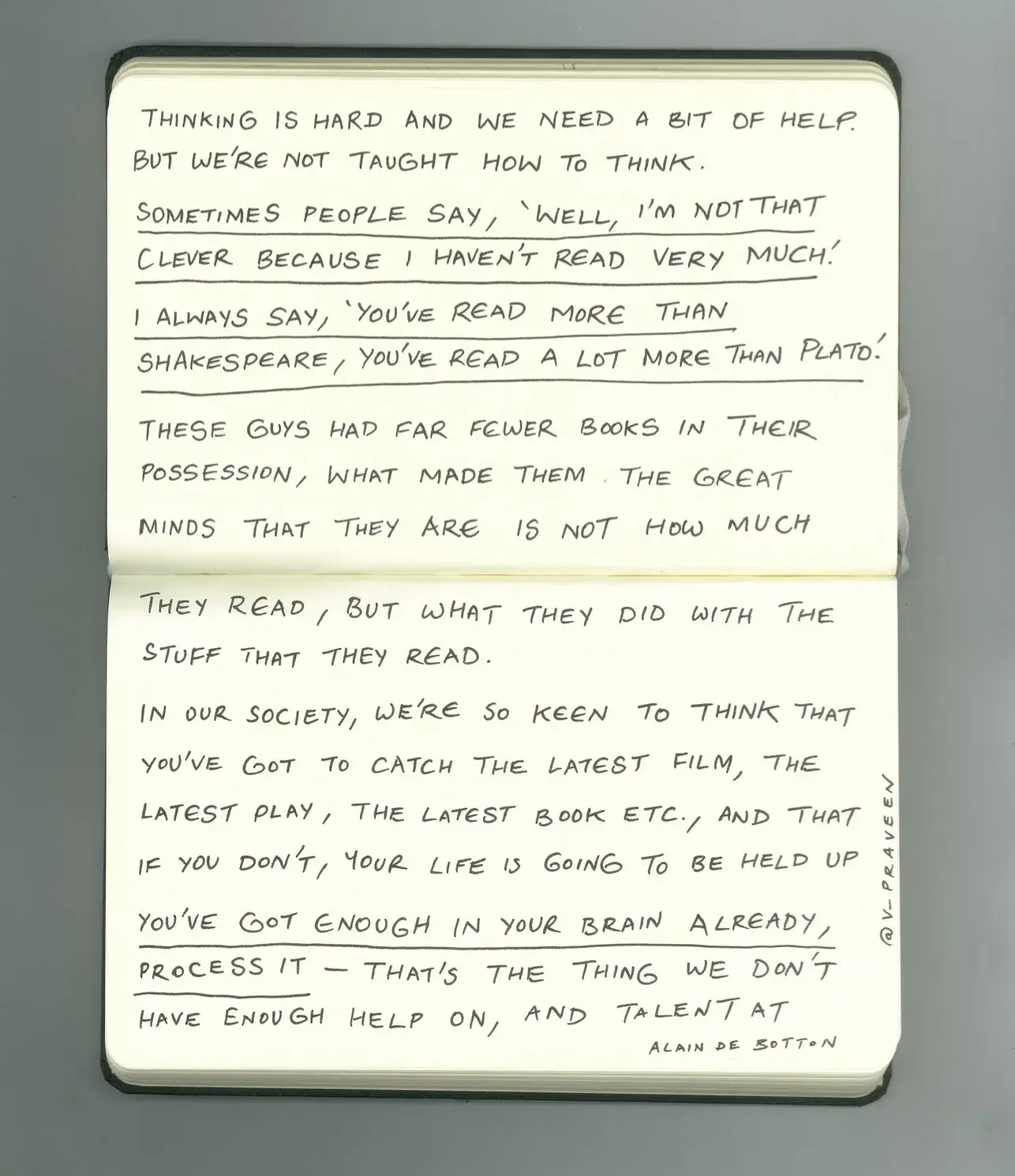 Auto-generated description: A handwritten note discusses the importance of processing information rather than simply counting the number of books read, quoting Alain de Botton.