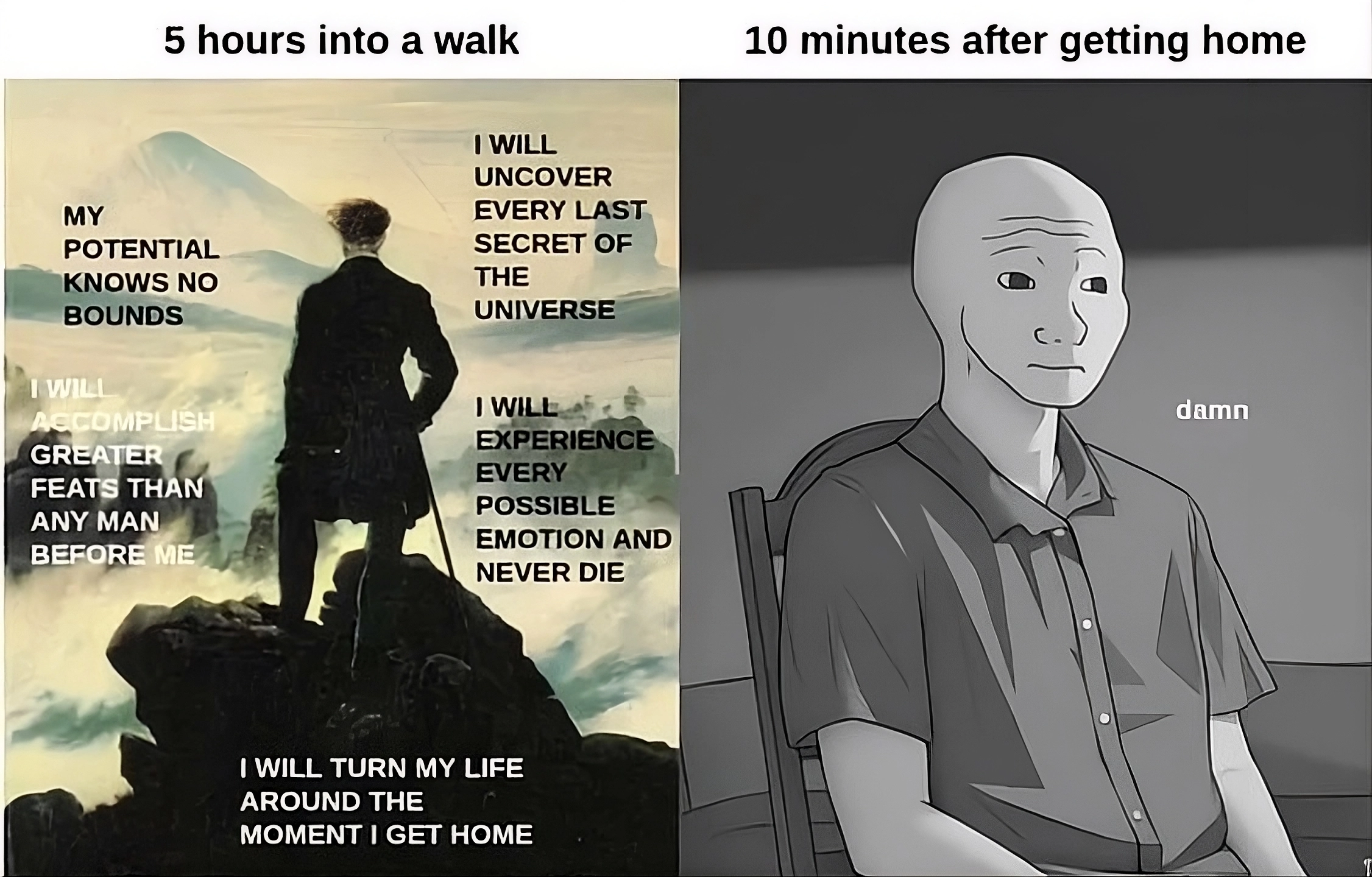 Auto-generated description: A confident character is depicted with grand ambitions during a walk, contrasted with a subdued reaction shortly after returning home.