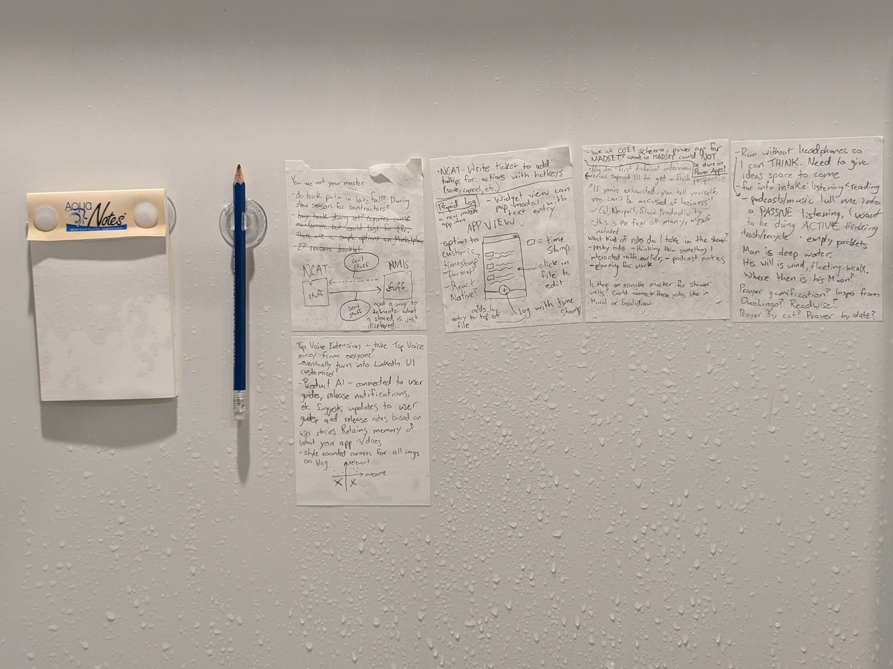 Aqua Notes pad and pencil alongside various pieces of paper stuck to a wet shower wall.