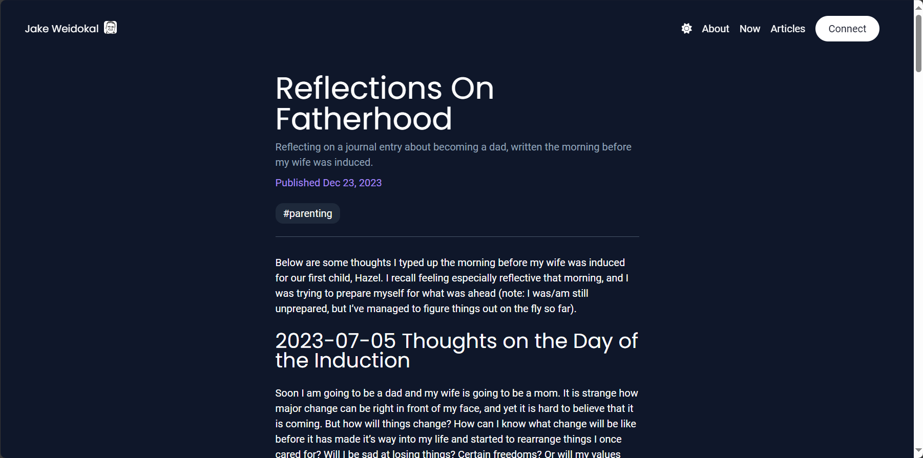 The page for a single article. The article displayed is titled Reflections on Fatherhood.