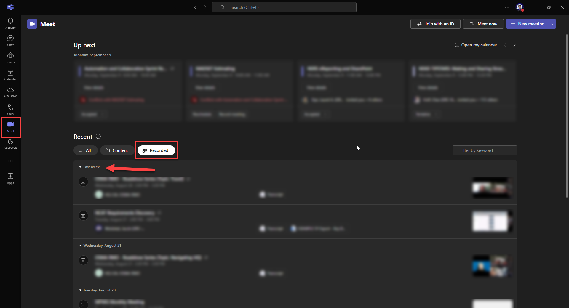 the teams meet tab showing recorded meetings