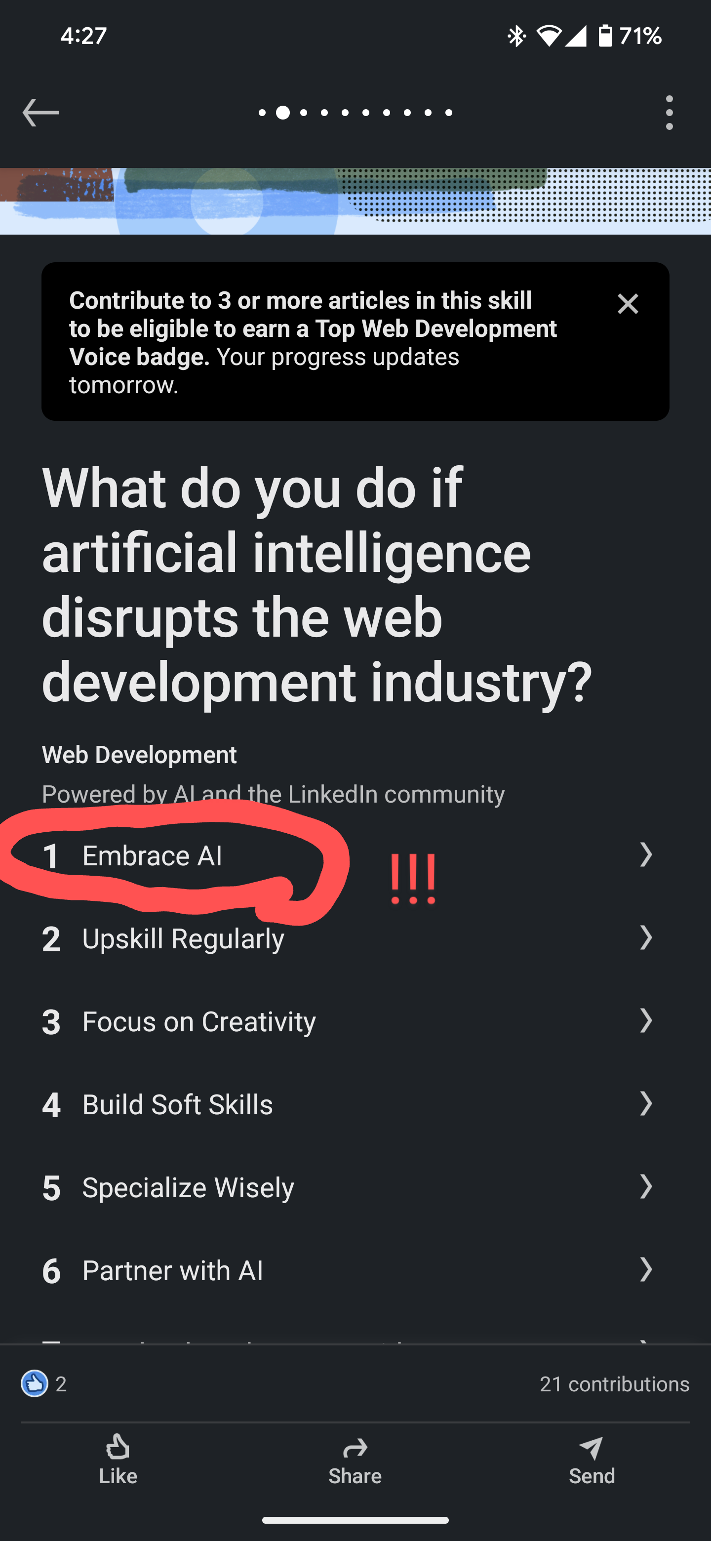 A screenshot showing the question "what do you do if artificial intelligence disrupts the web industry?" With the top answer being "Embrace AI"