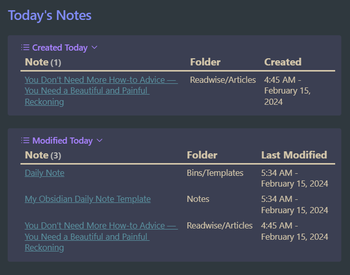 two tables, one showing notes created today, the other showing notes modified today