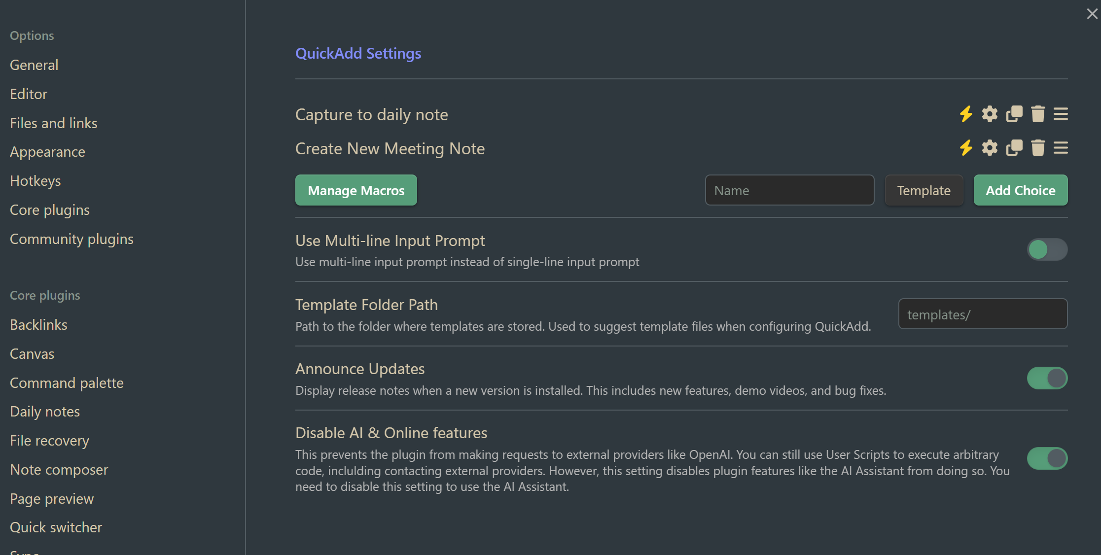 QuickAdd settings config