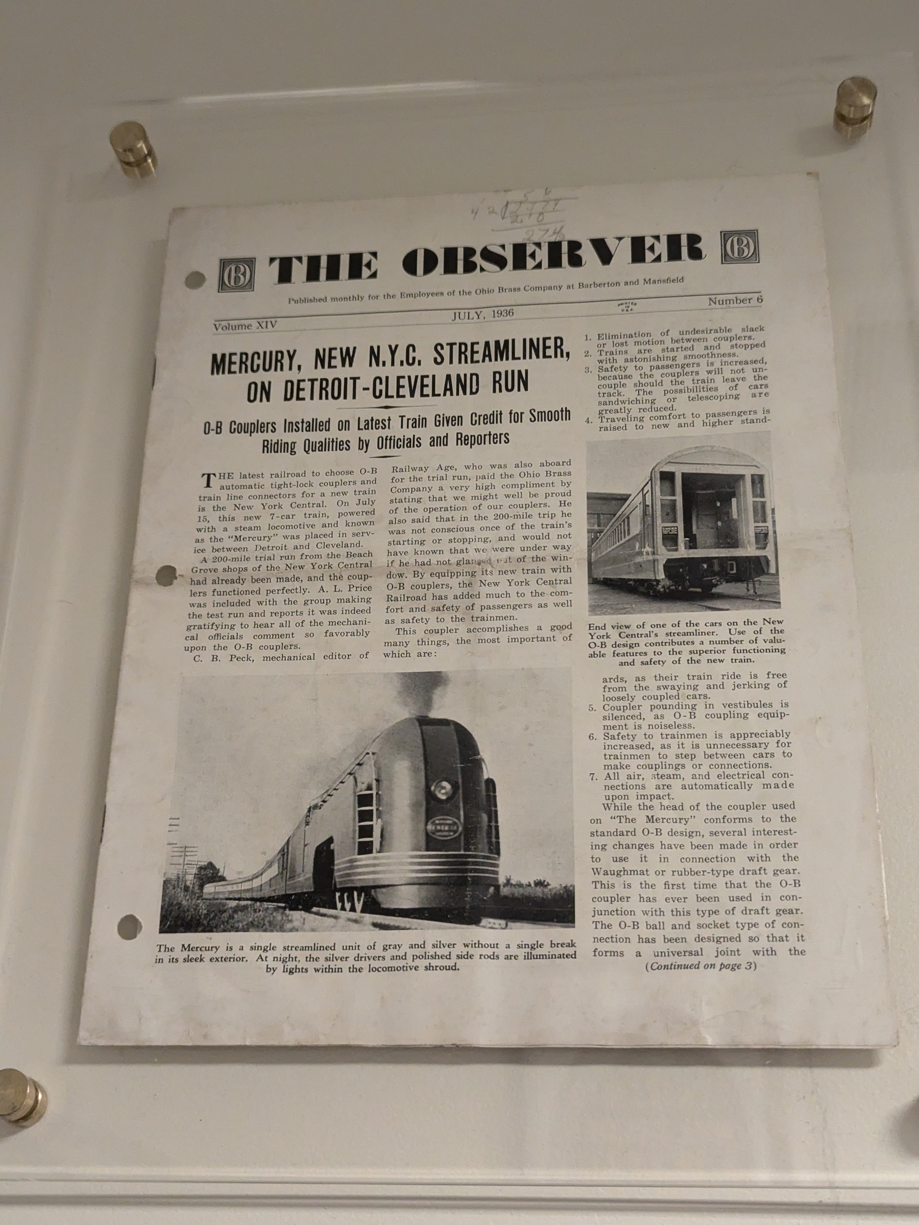 An issue of The Observer from July, 1936 titled "Mercury, New N.Y.C. Streamliner, on Detroit-Cleveland Run"