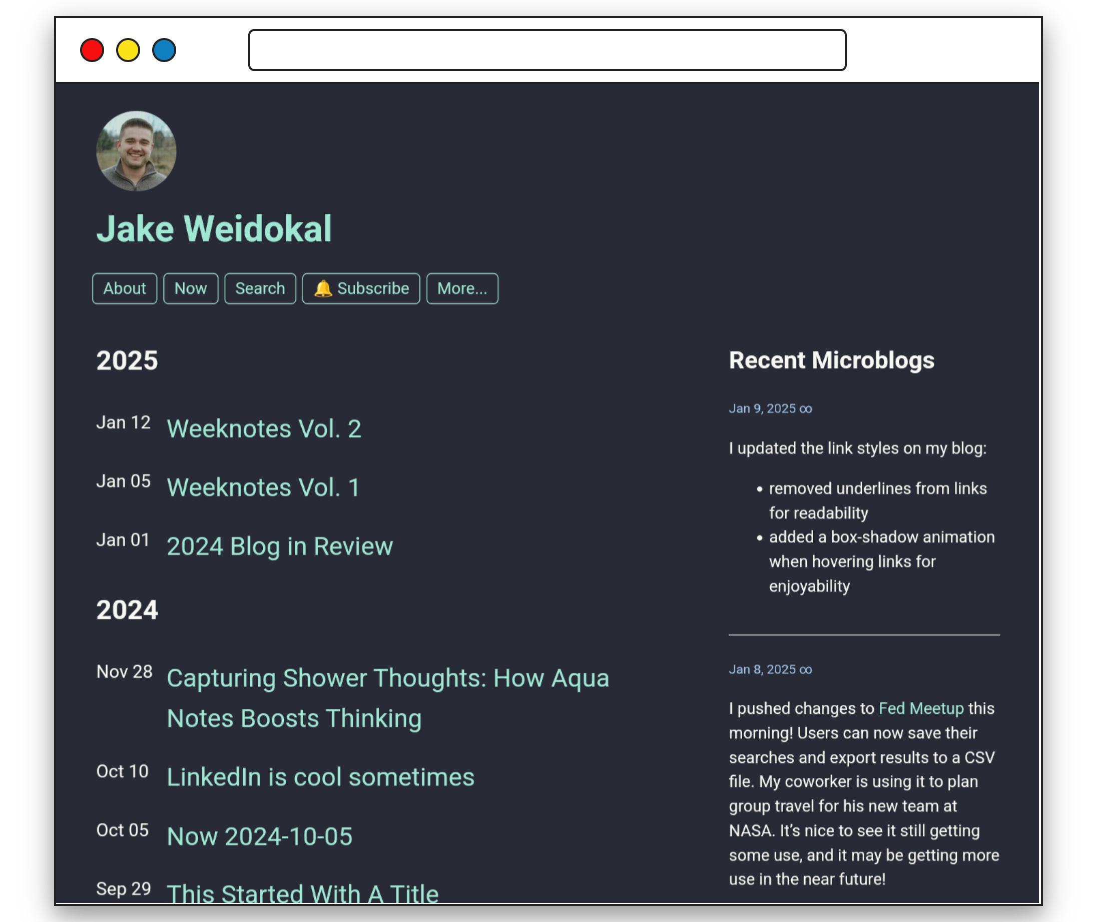 A blog page displays entries for 2025 and 2024, recent microblog updates, and various post titles and dates.