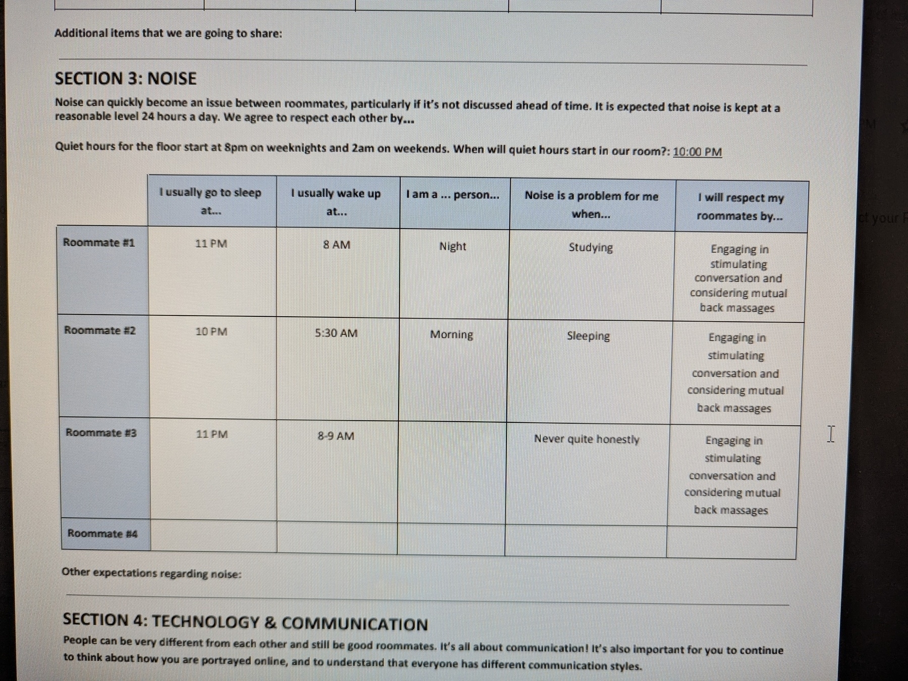 A chart displays information about roommates' sleep schedules, noise preferences, and commitments to maintaining a quiet environment.