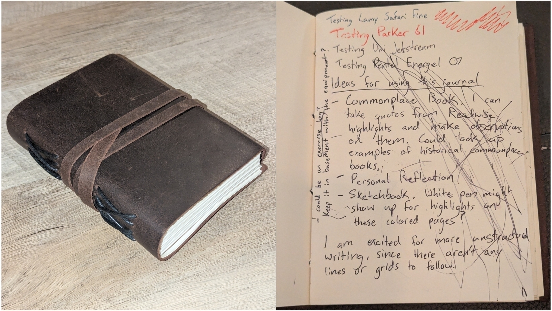 a collage with a brown leather notebook on the right, and on the left a notebook page is filled with scribbled text including pen tests and ideas for using a journal, with some red highlighted marks