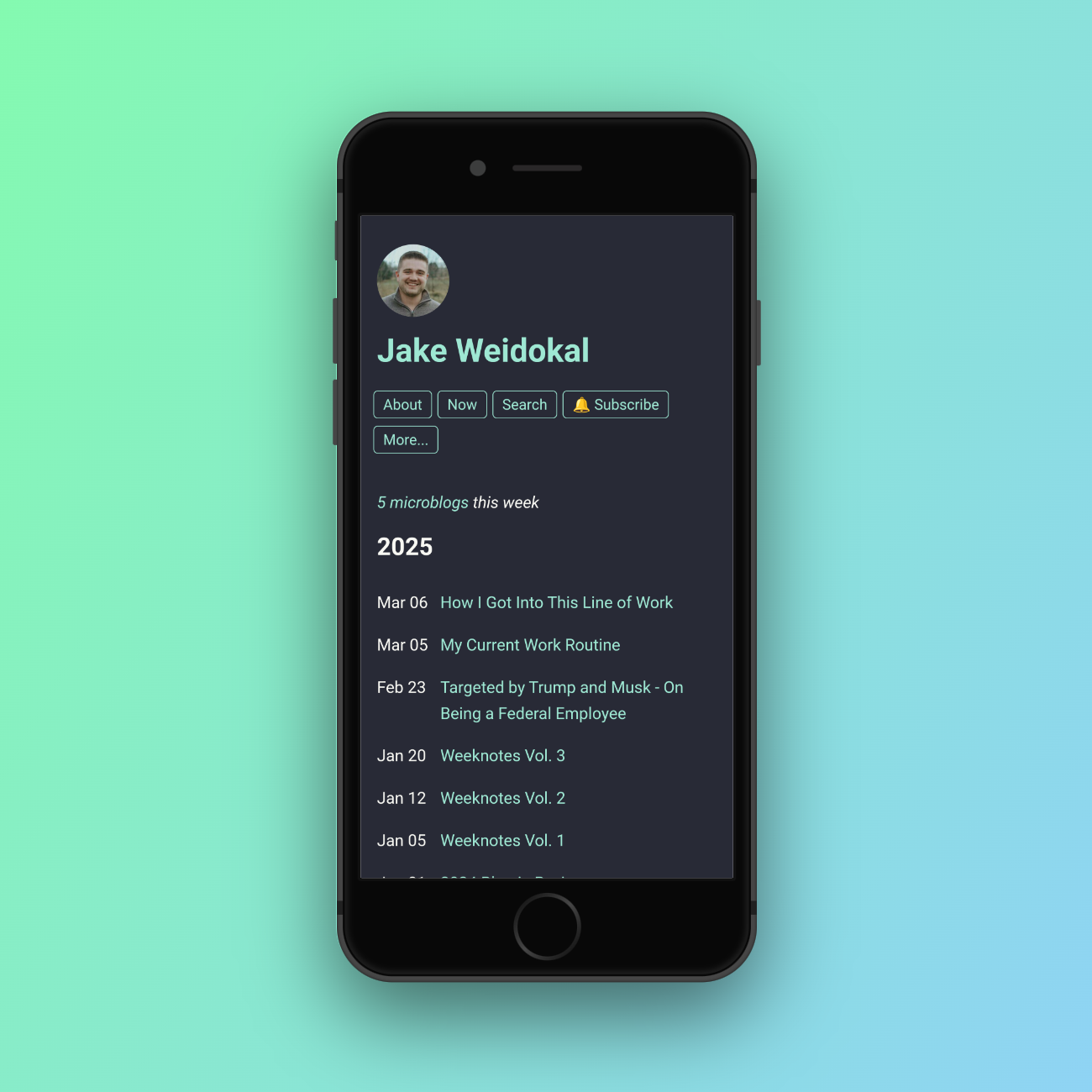 A mobile interface displays a blog profile for "Jake Weidokal" featuring recent posts with "5 microblogs this week" at the top.