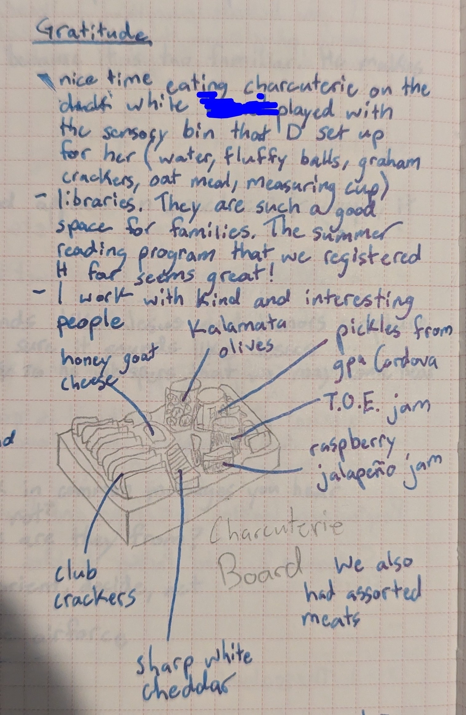 A gratitude journal entry with drawing of a charcuterie board.