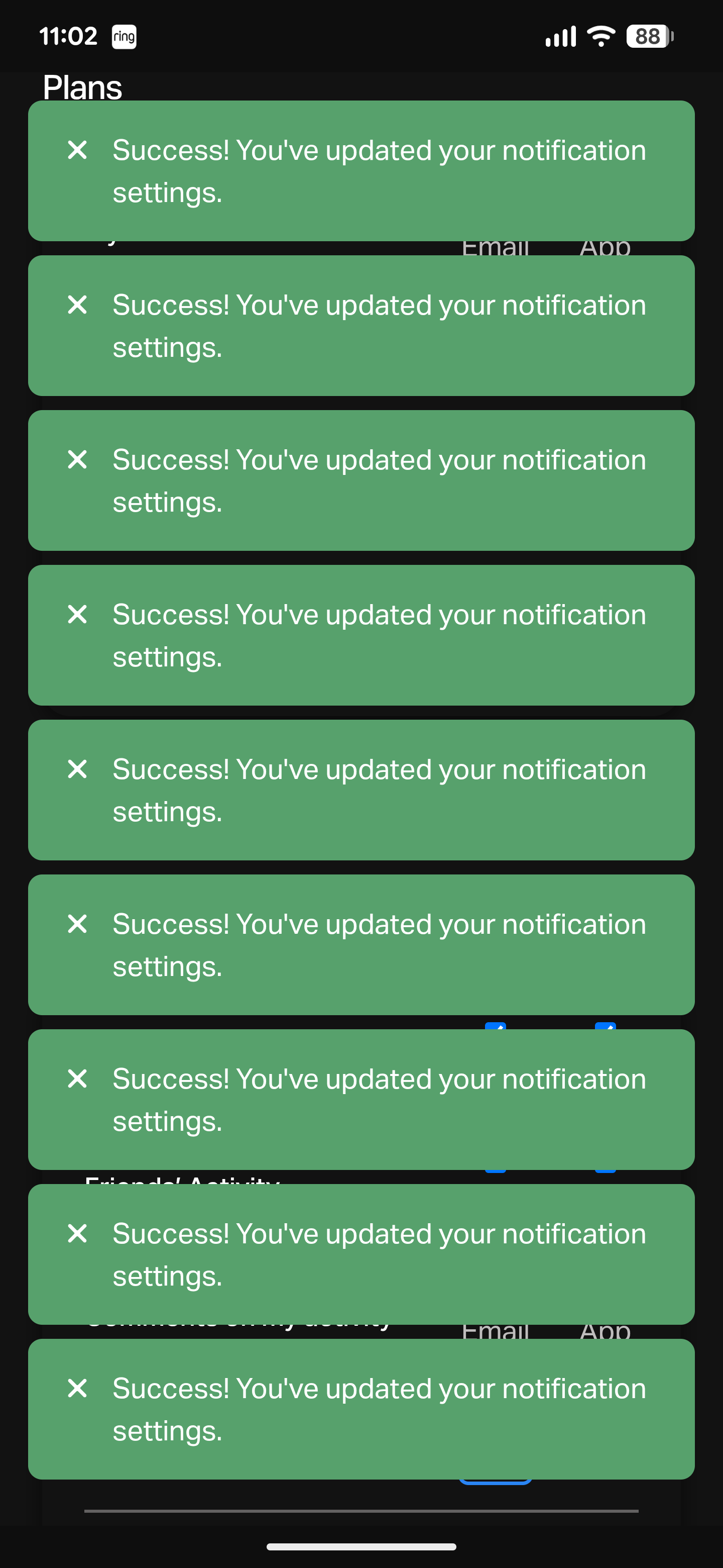 Multiple success notification messages cover a mobile device screen.