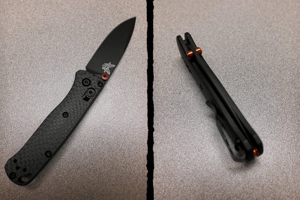 Diptych images of a small knife on a table. In one image it's opened, the other shows it closed.
