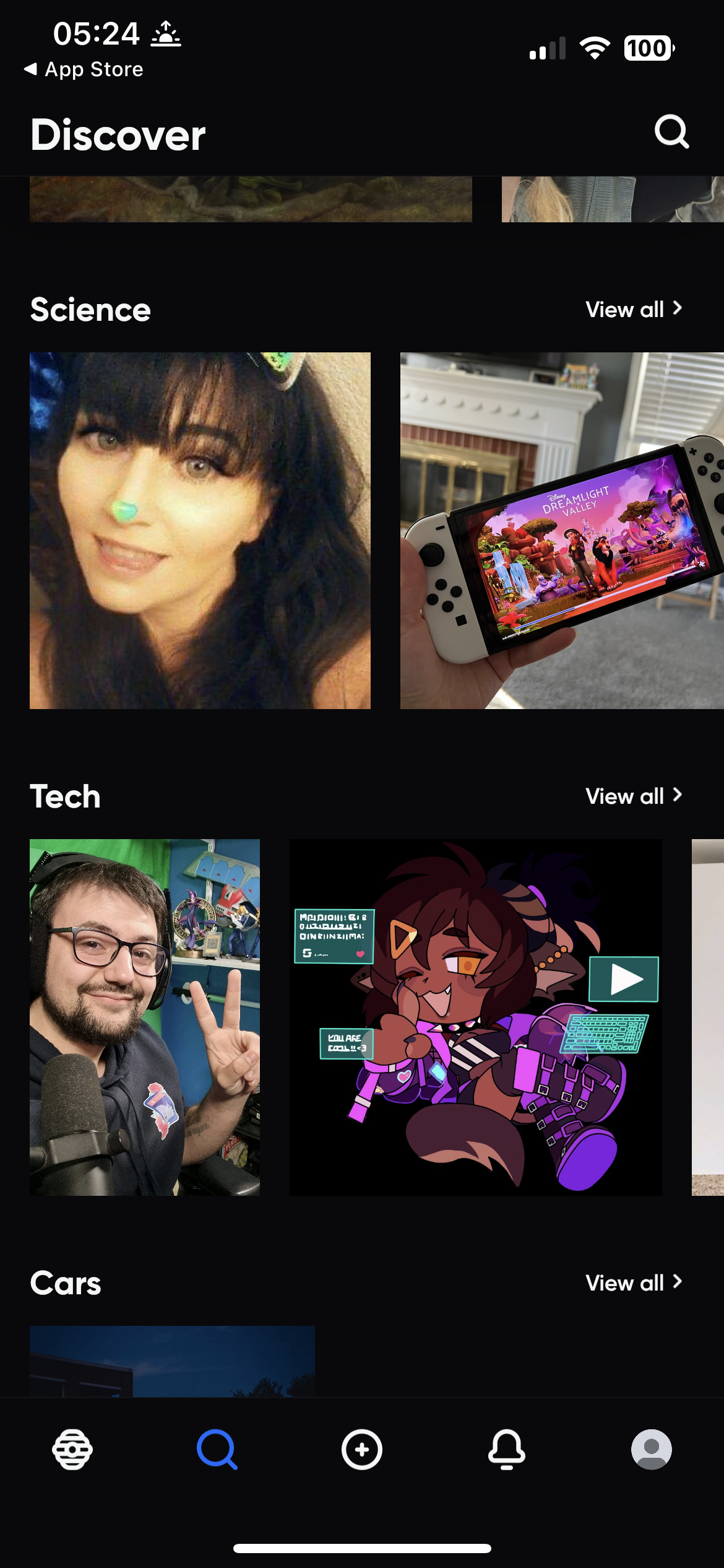 screenshot of hive that shows the topic of science and tech with unrelated pictures. Science: the face of a woman and one with a switch. Tech: one with a man and headset and one anime-like picture of a cat-girl woth a keyboard.