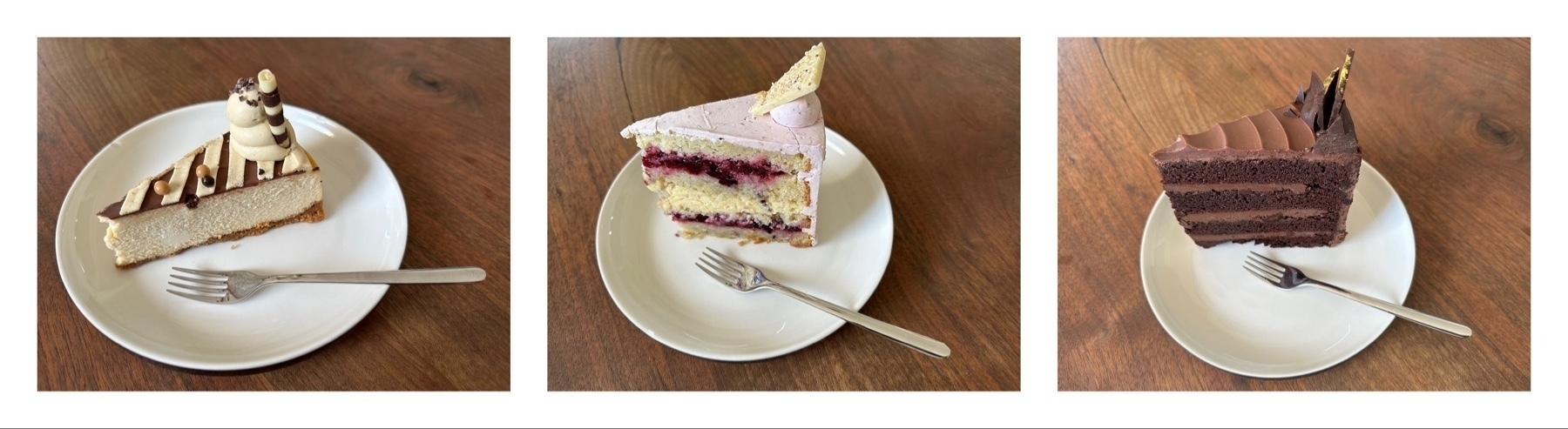A triptych of slices of cake.