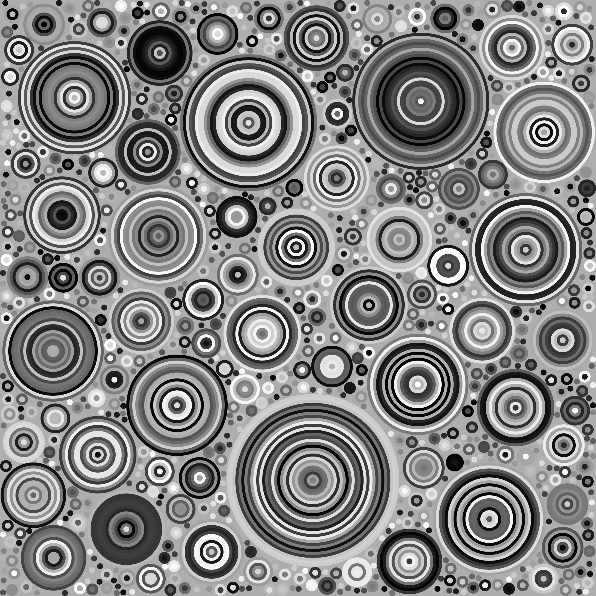 Groups of concentric circles of various sizes and random grayscale colors fill a square image.